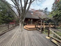 里山のログハウスカフェに増設されたウリン材のバルコニー席とウッドデッキ全景