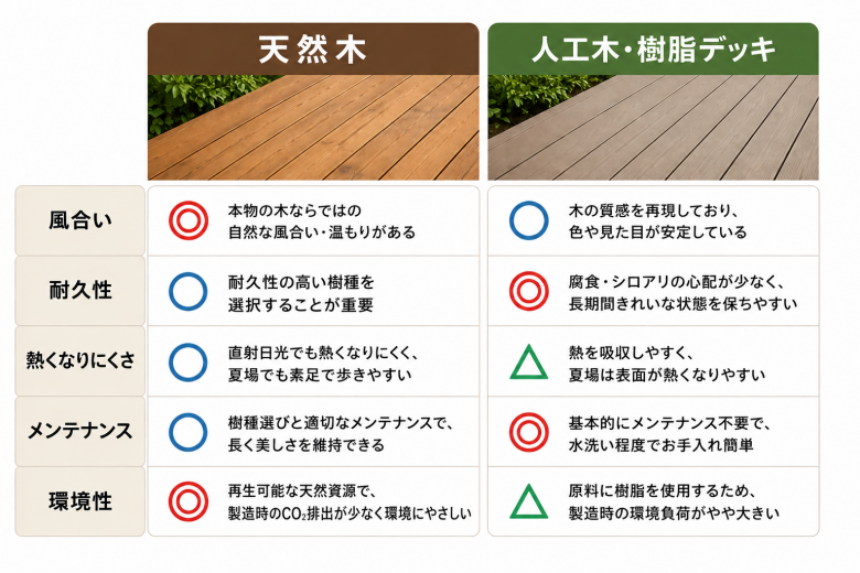 天然木と人工木の比較表